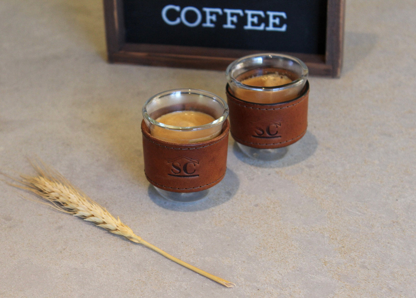 Personalized Double wall espresso cups/leather wrap. Set of two.