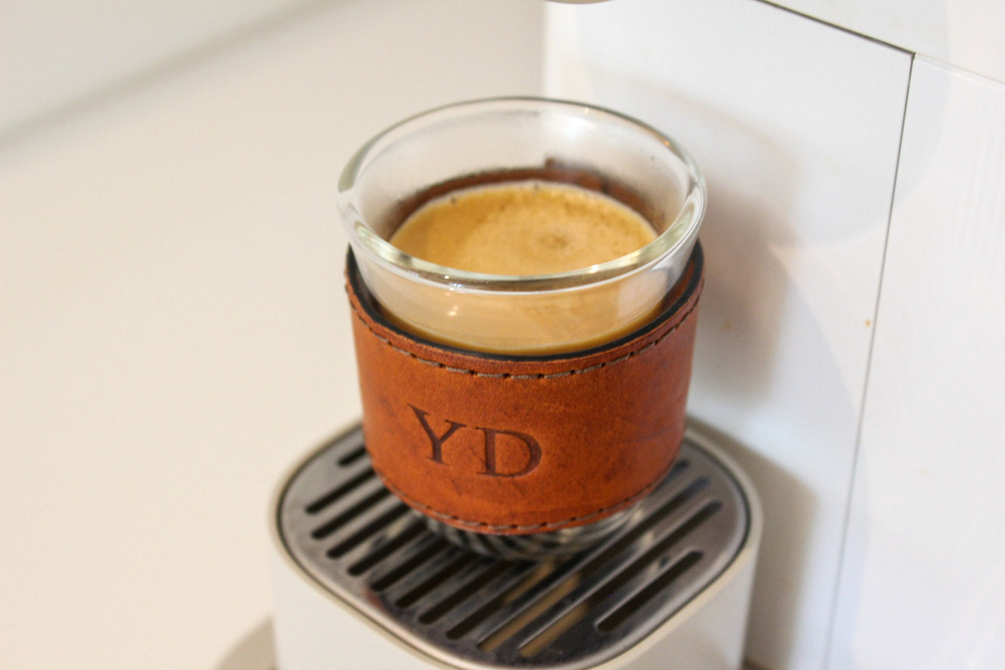 Personalized Double wall espresso cups/leather wrap. Set of two.