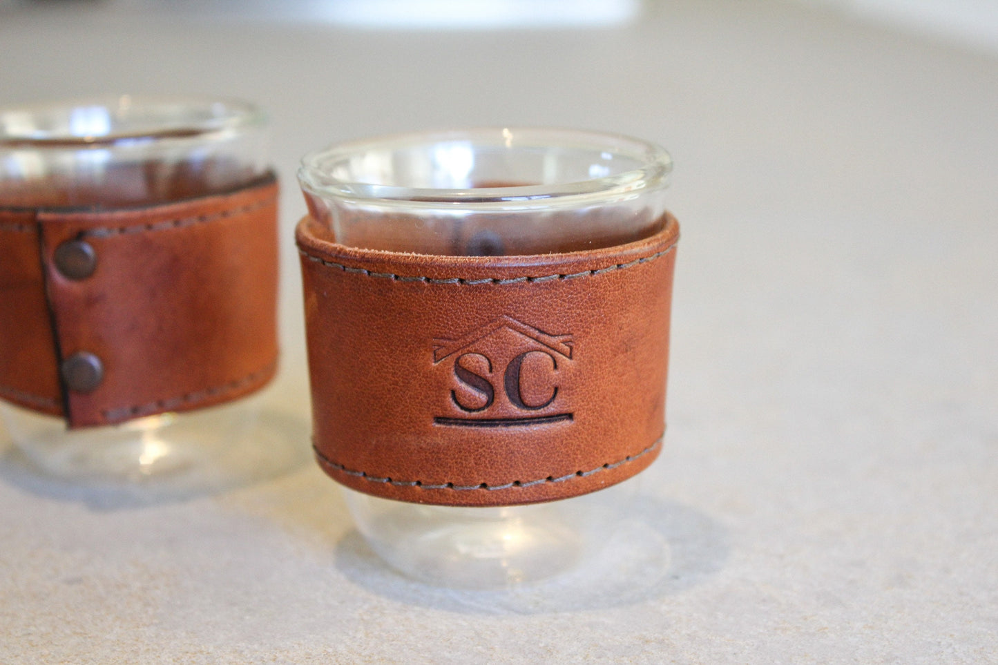 Personalized Double wall espresso cups/leather wrap. Set of two.
