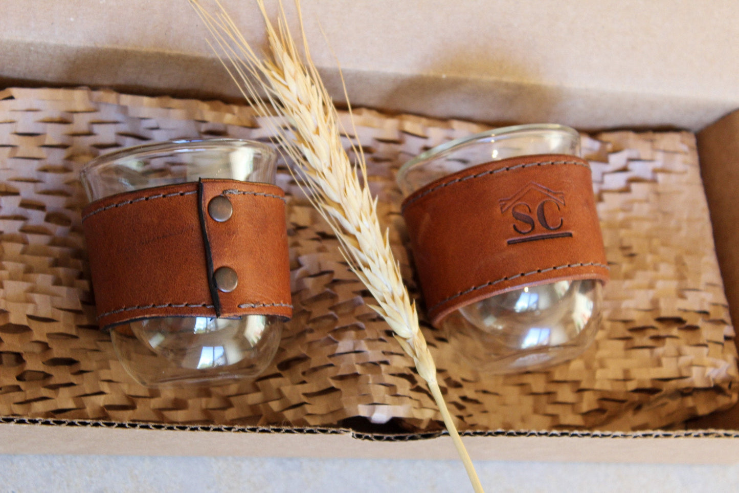 Personalized Double wall espresso cups/leather wrap. Set of two.