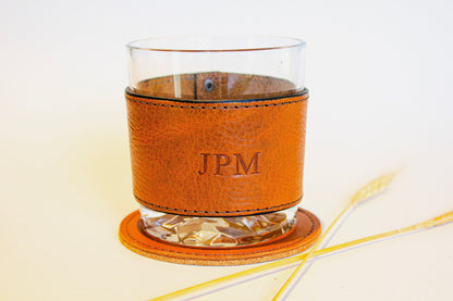 Personalized leather coasters with cork bottom.